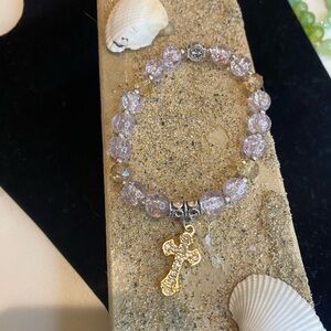 Elegant Gold and Silver Glass Beaded Bracelet with Cross Charm